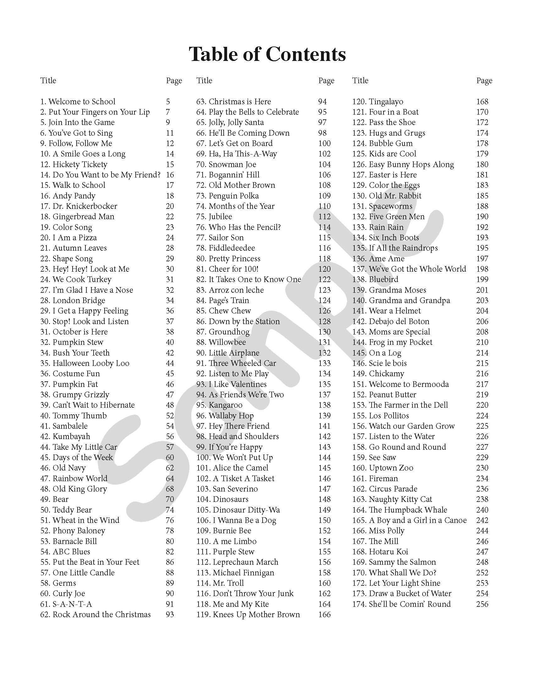 Sample page: The table of contents for Musicplay Kindergarten Guitar and Ukulele Arrangements