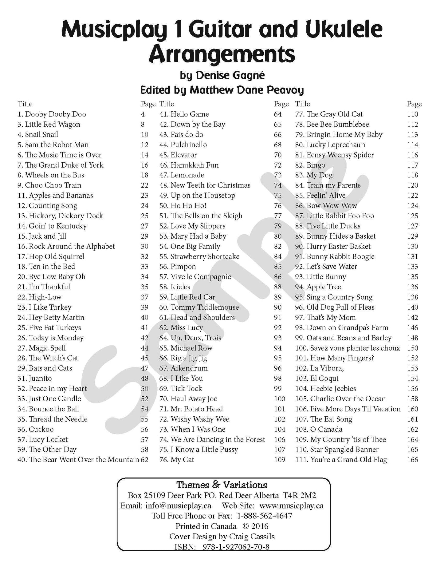 Sample page: The table of contents for Musicplay for Grade 1 Guitar and Ukulele Accompaniments