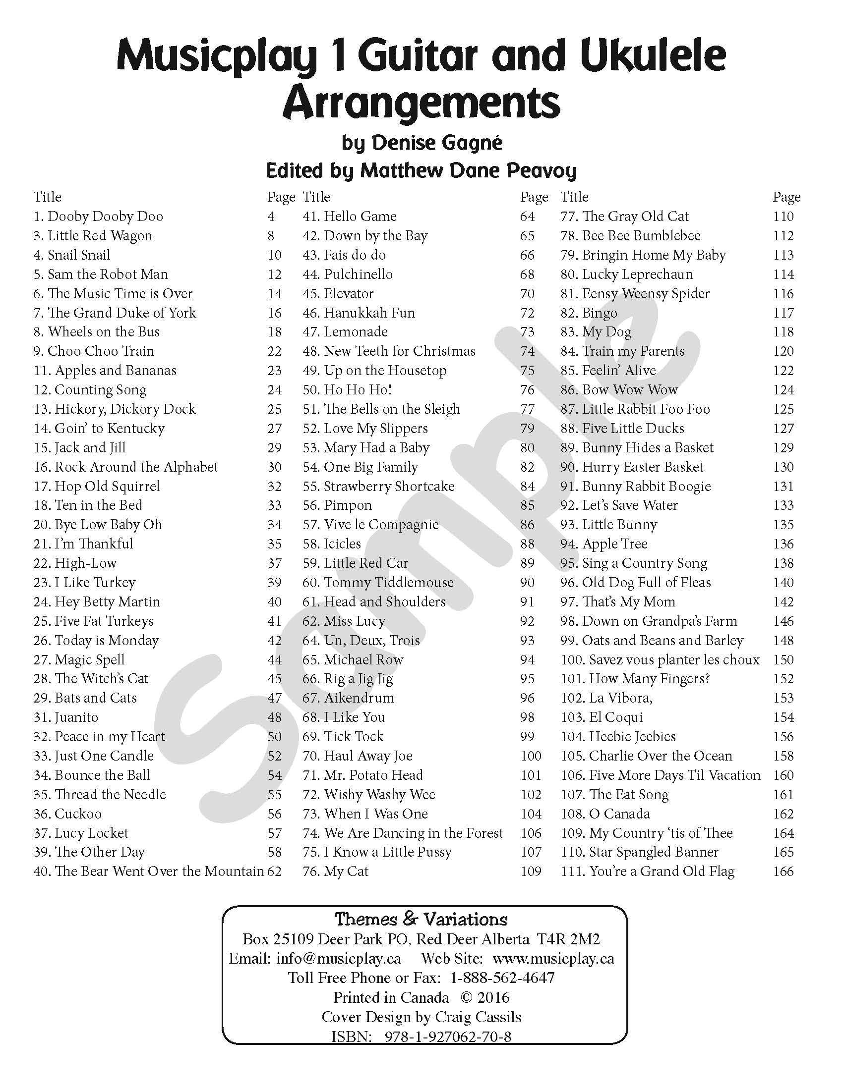 Sample page: The table of contents for Musicplay for Grade 1 Guitar and Ukulele Accompaniments