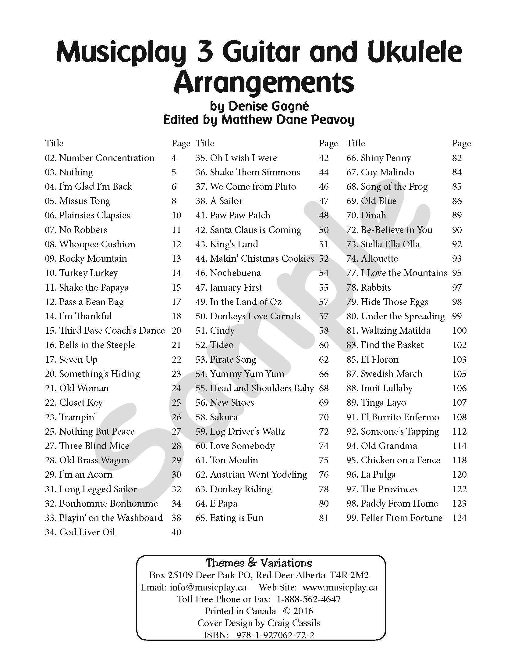 Sample page: The table of contents for Musicplay for Grade 3 Guitar and Ukulele Accompaniments