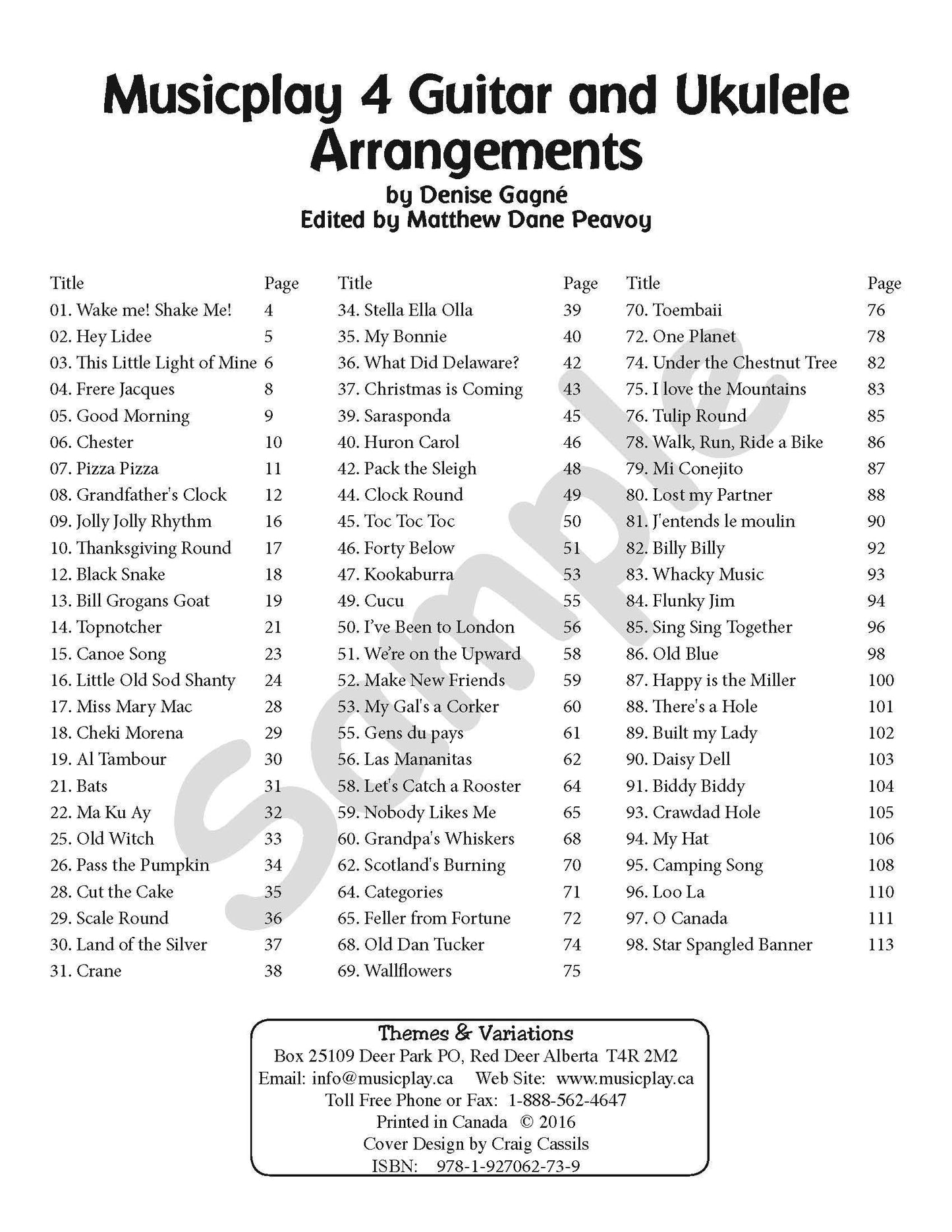 Sample page: The table of contents for Musicplay for Grade 4 Guitar and Ukulele Accompaniments