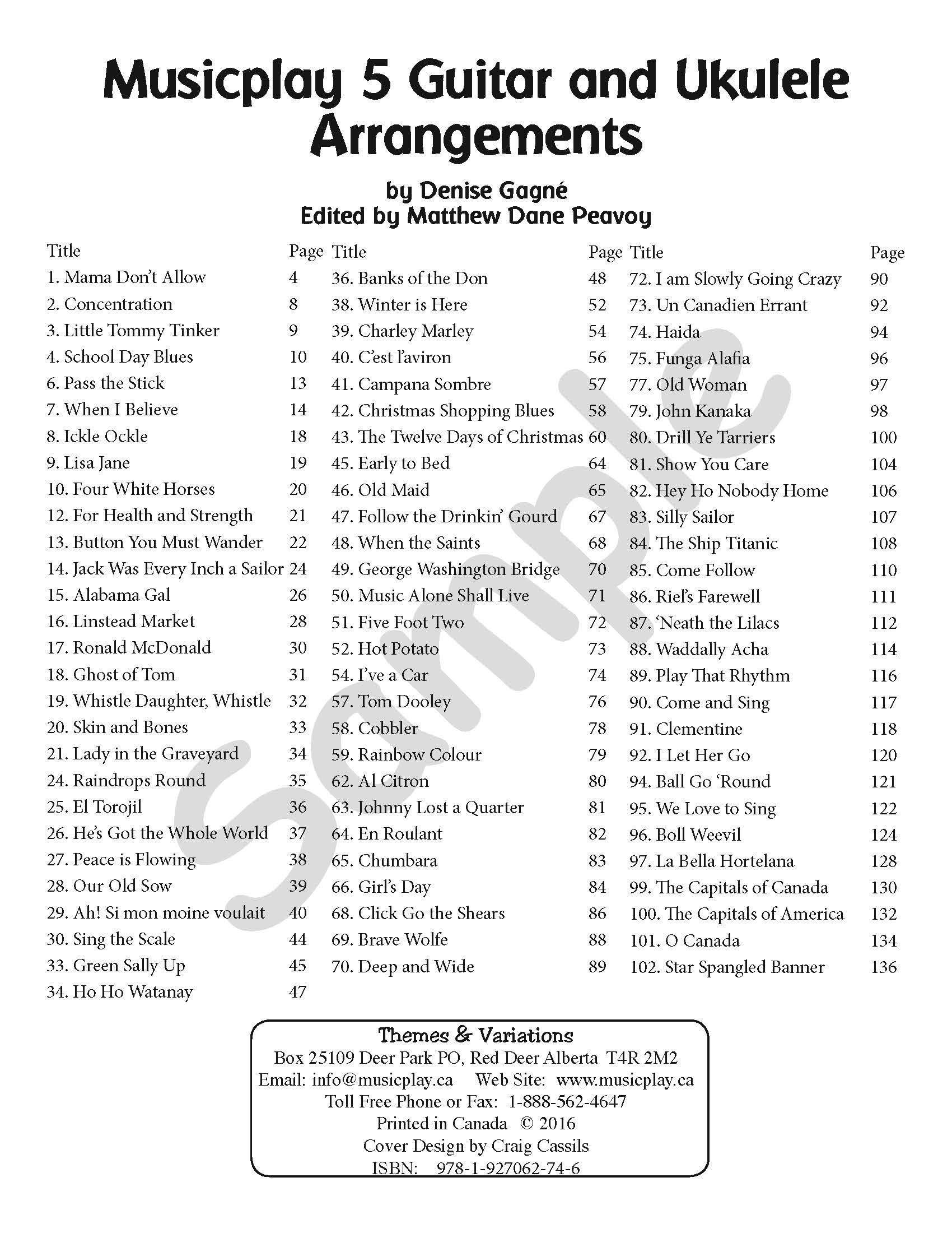 Sample page: The table of contents for Musicplay Grade 5 Guitar and Ukulele Accompaniments