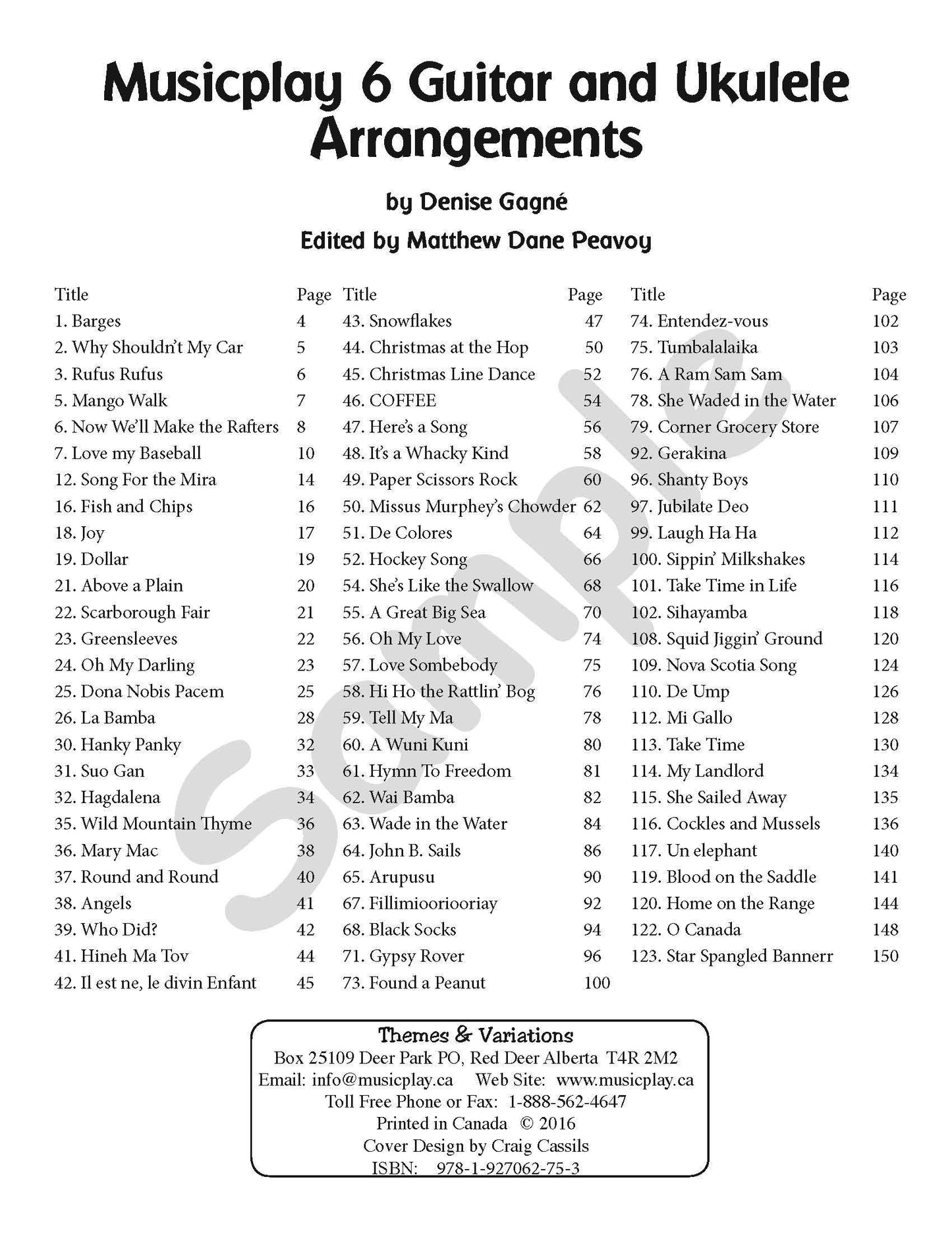 Sample page: The table of contents for Musicplay Middle School Guitar and Ukulele Accompaniments