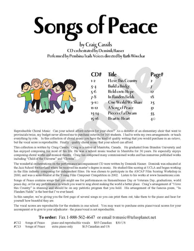 Sample page: The table of contents for Songs of Peace