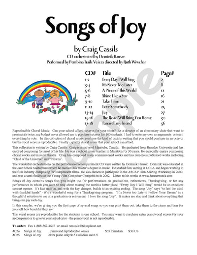 Sample page: The table of contents for Songs of Joy