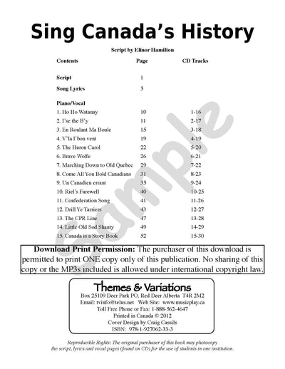 Sing Canada's History Book Table of Contents