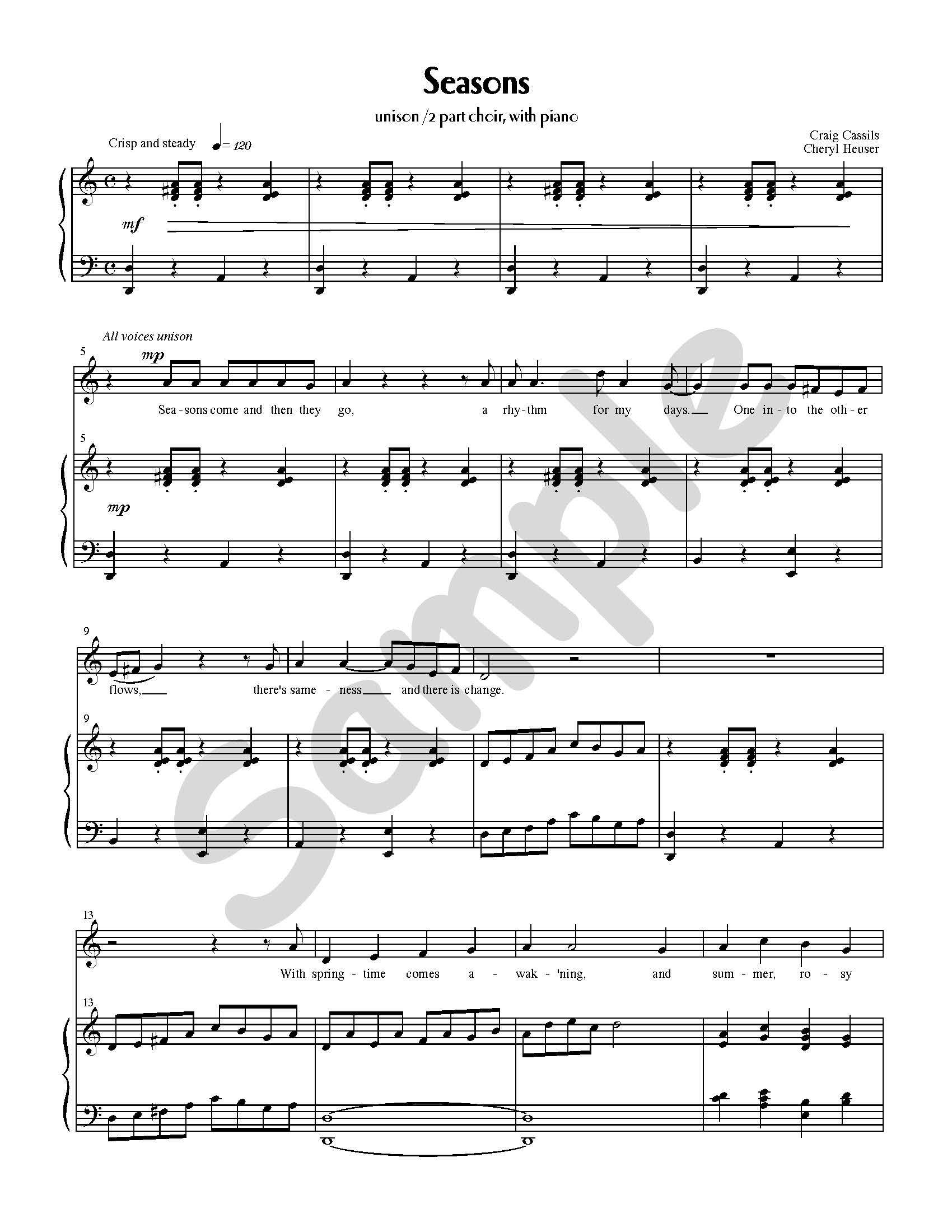 Sample page: The first page of the song "Seasons". 2 part choir with piano sheet music.