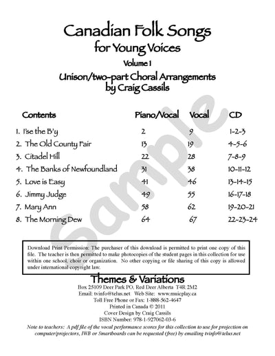 Sample page: The table of contents for Canadian Folk Songs Vol 1. Two-part choral arrangements for soprano and alto or to be sung in unison