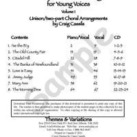 Sample page: The table of contents for Canadian Folk Songs Vol 1. Two-part choral arrangements for soprano and alto or to be sung in unison