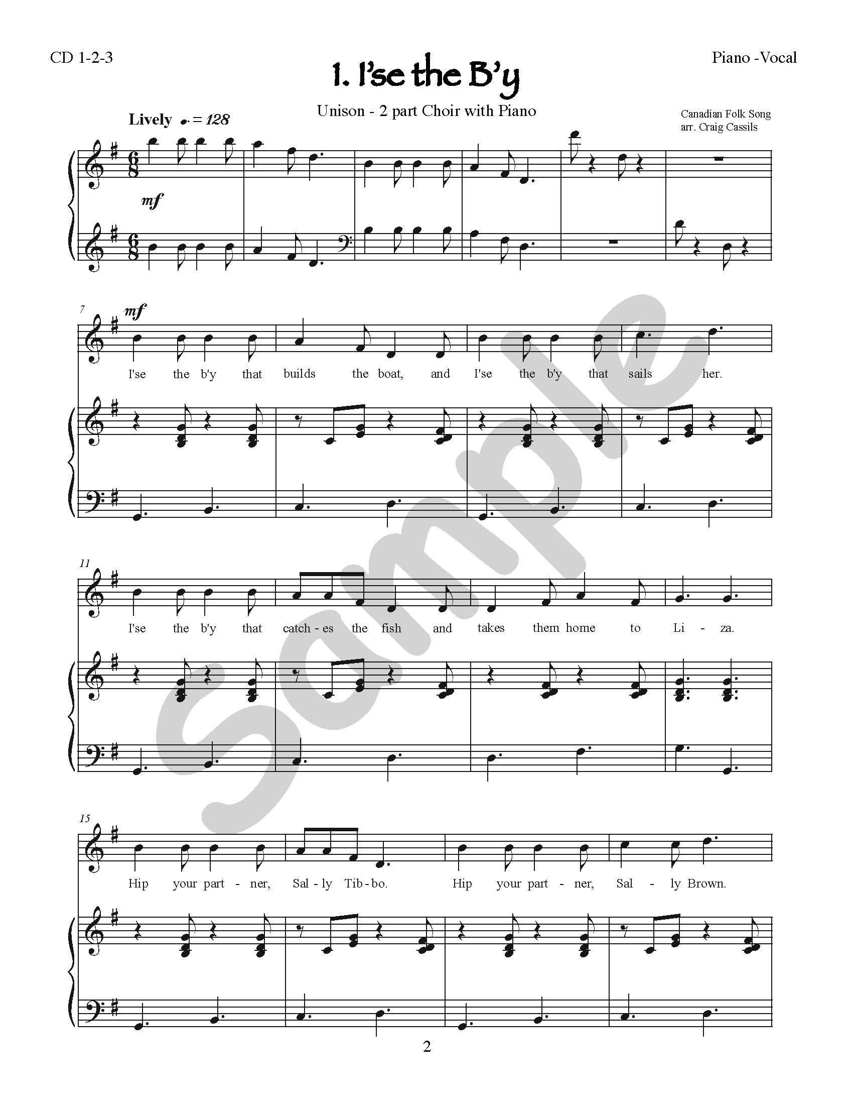 Sample page: The first page of the song "I'se the B'y". Unison - 2 part Choir with Piano sheet music