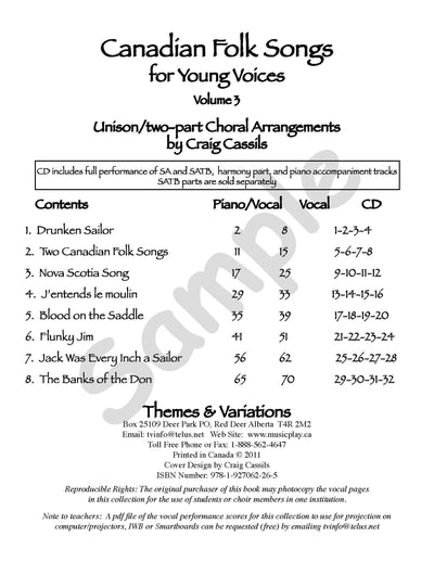 Sample page: The table of contents for Canadian Folk Songs Vol 3. Two-part choral arrangements for soprano and alto or to be sung in unison