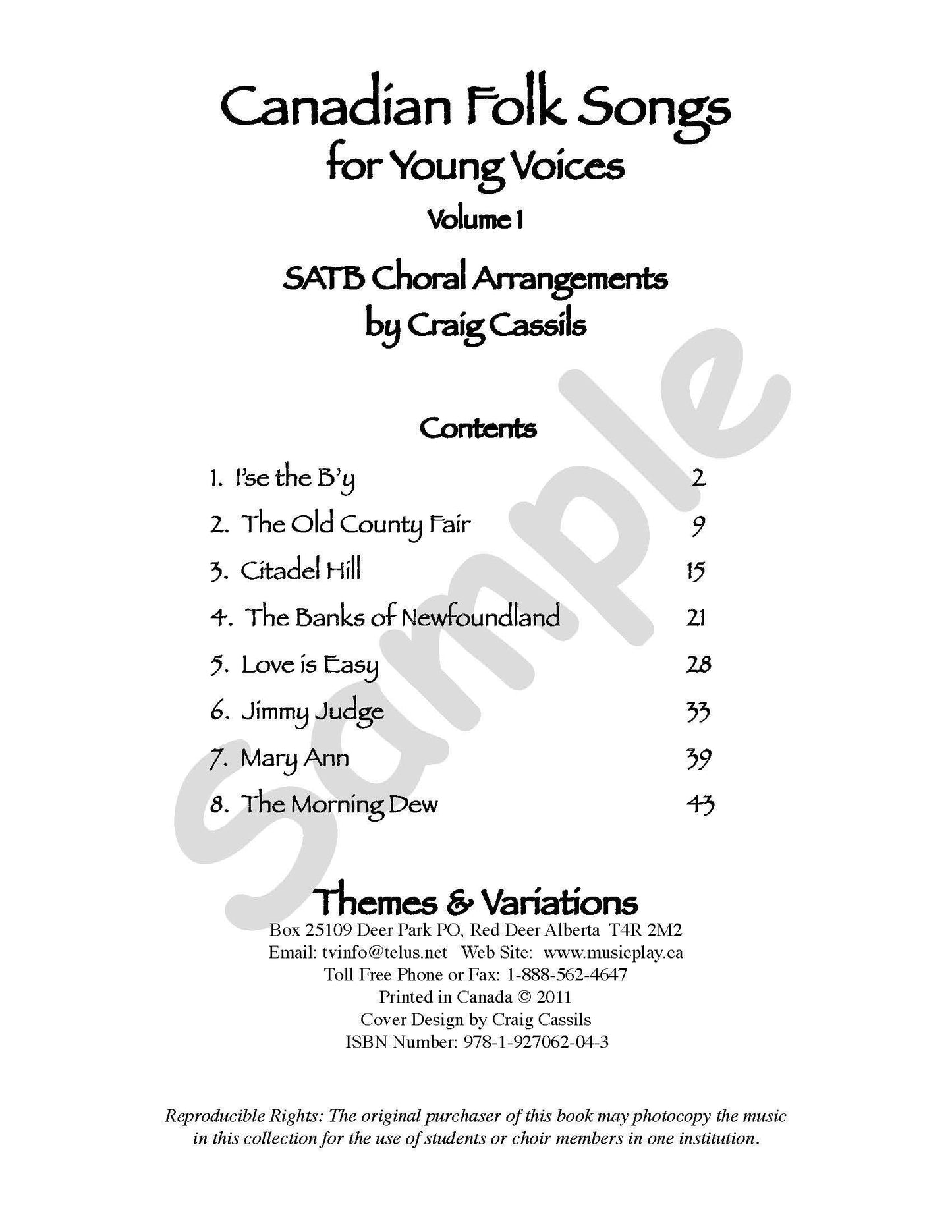 Sample page: The table of contents for Canadian Folk Songs Vol 1. Choral arrangements for soprano, alto, tenor, and bass