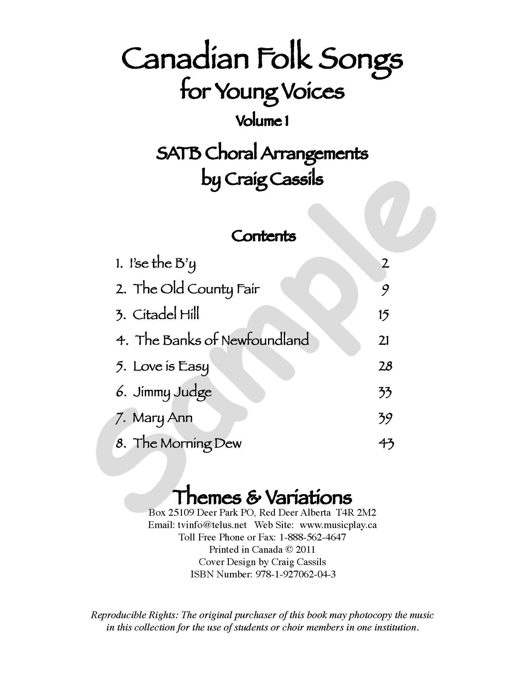 Sample page: The table of contents for Canadian Folk Songs Vol 1. Choral arrangements for soprano, alto, tenor, and bass