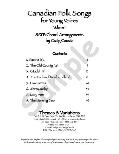 Sample page: The table of contents for Canadian Folk Songs Vol 1. Choral arrangements for soprano, alto, tenor, and bass