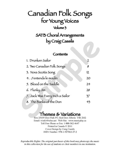 Sample page: The table of contents for Canadian Folk Songs Vol 3. Choral arrangements for soprano, alto, tenor, and bass