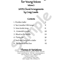 Sample page: The table of contents for Canadian Folk Songs Vol 3. Choral arrangements for soprano, alto, tenor, and bass