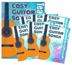 Product Cover: Several copies of Easy Guitar Songs Student Guide and a copy of Easy Guitar Songs Teacher's Guide