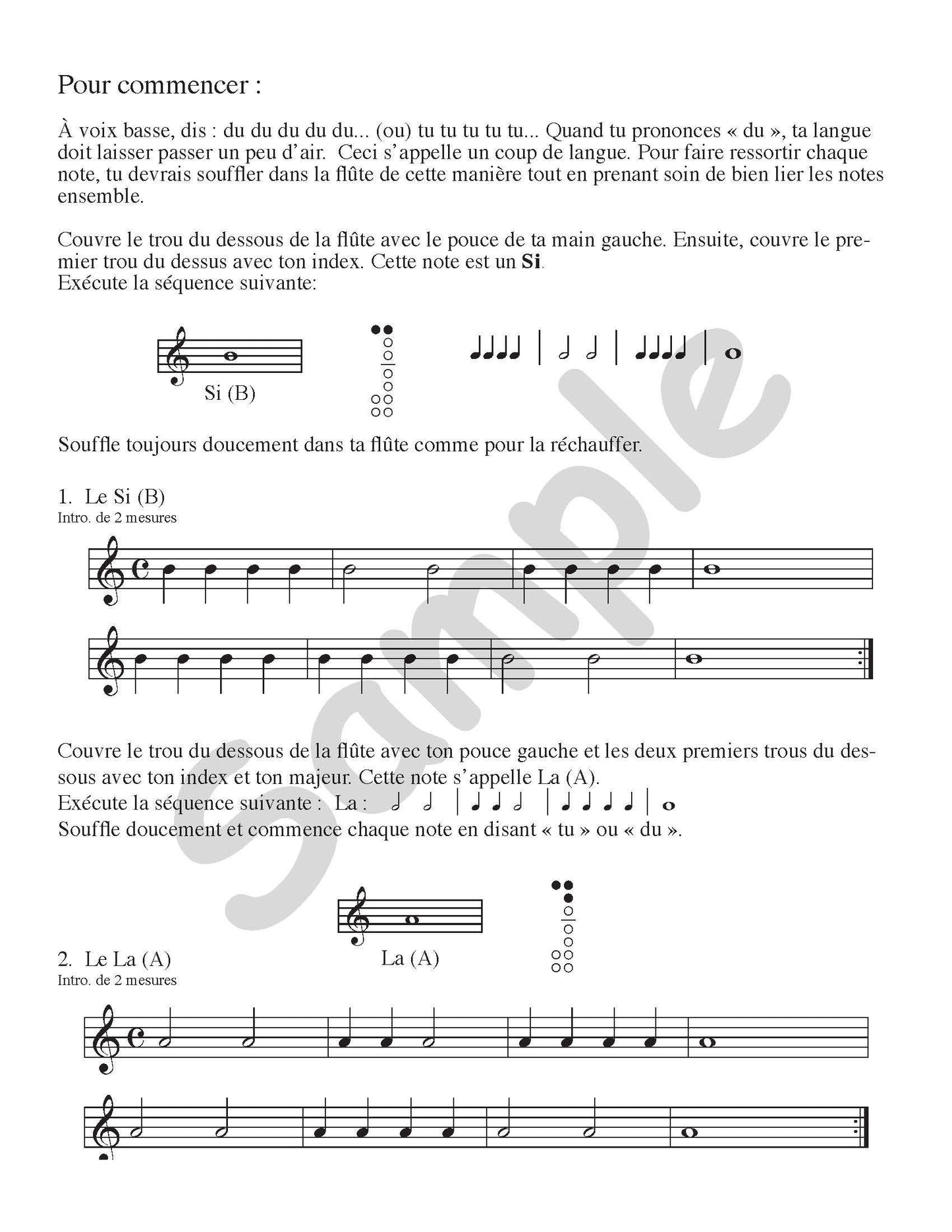 Sample page: The sheet music for the first two songs in J'apprends la flute a bec/CD 1