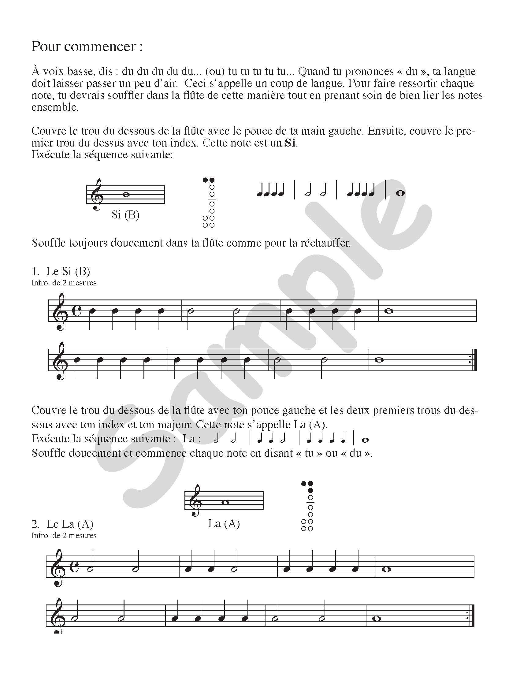 Sample page: The sheet music for the first two songs in J'apprends la flute a bec/CD 1