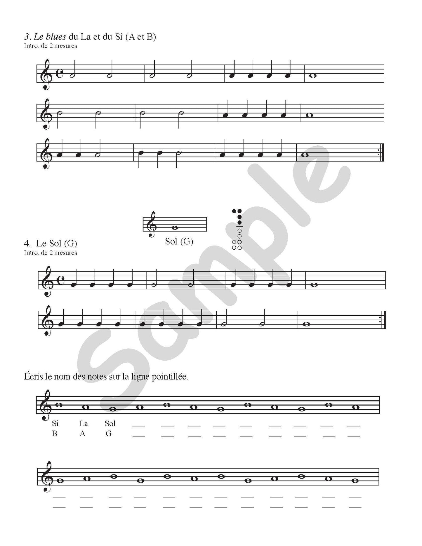 Sample page: The sheet music for two songs in J’apprends la flûte a bec/CD 1