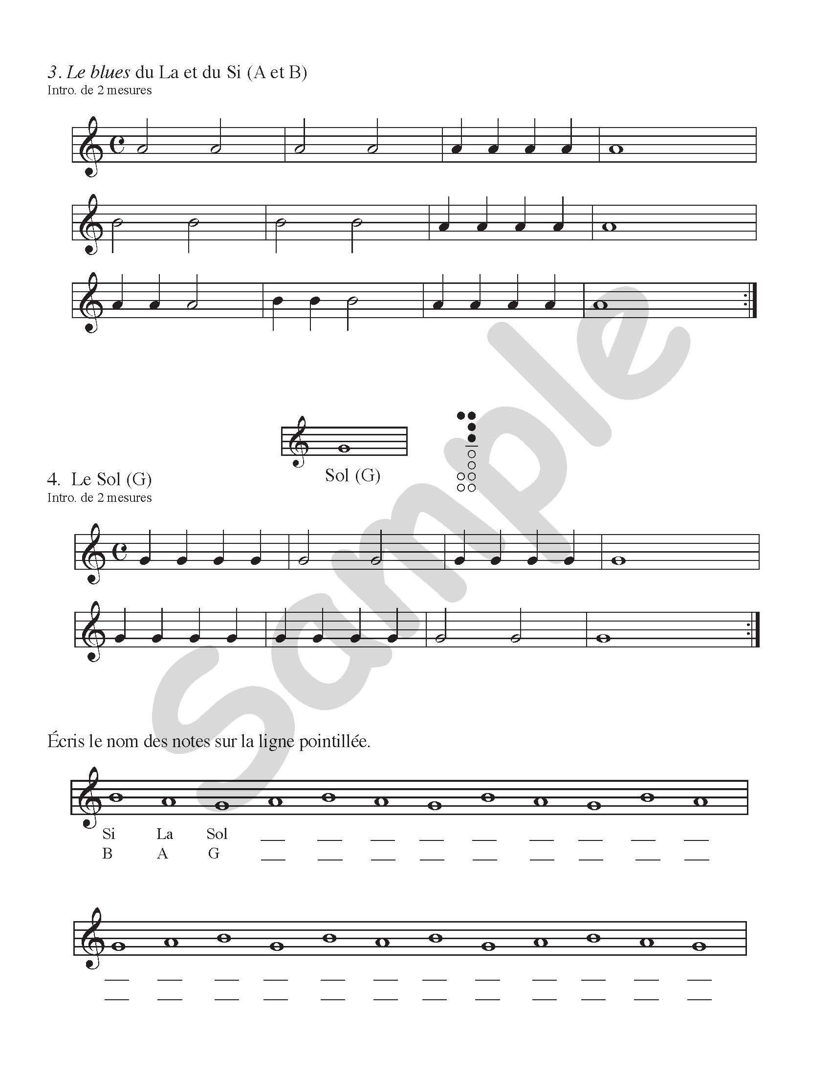 Sample page: The sheet music for two songs in J’apprends la flûte a bec/CD 1