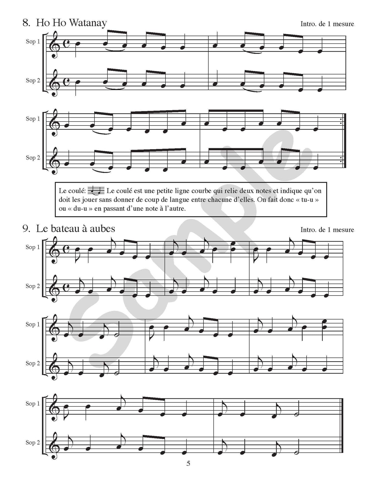 Sample page: The sheet music for two songs in J’apprends la flûte a bec/CD 2