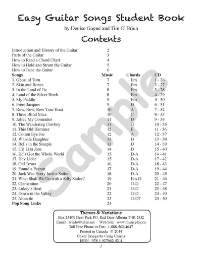 Sample page: The table of contents for Easy Guitar Songs Student Book