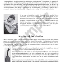 Sample page: The introduction to Easy Guitar Songs Student Book, and a brief history on the guitar