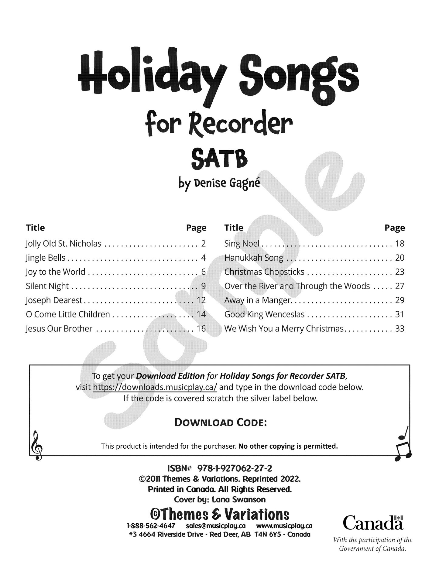 Holiday Songs for Recorder SATB Download