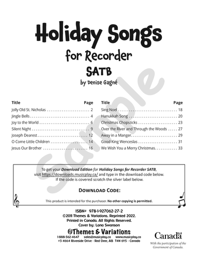 Holiday Songs for Recorder SATB Download