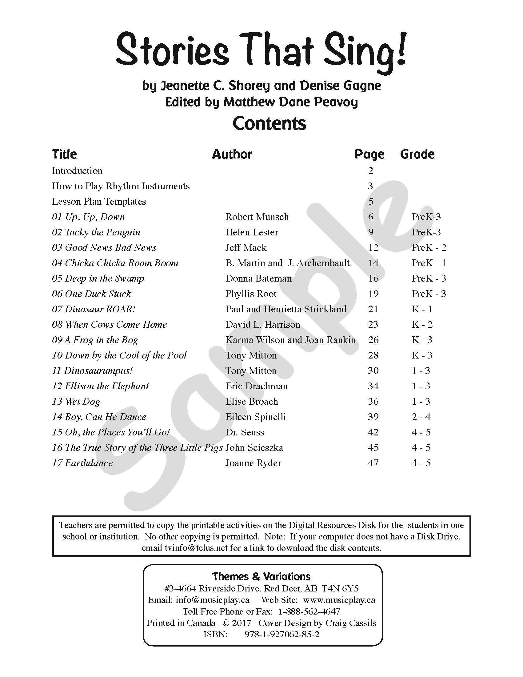 Sample page: The table of contents for Stories that Sing