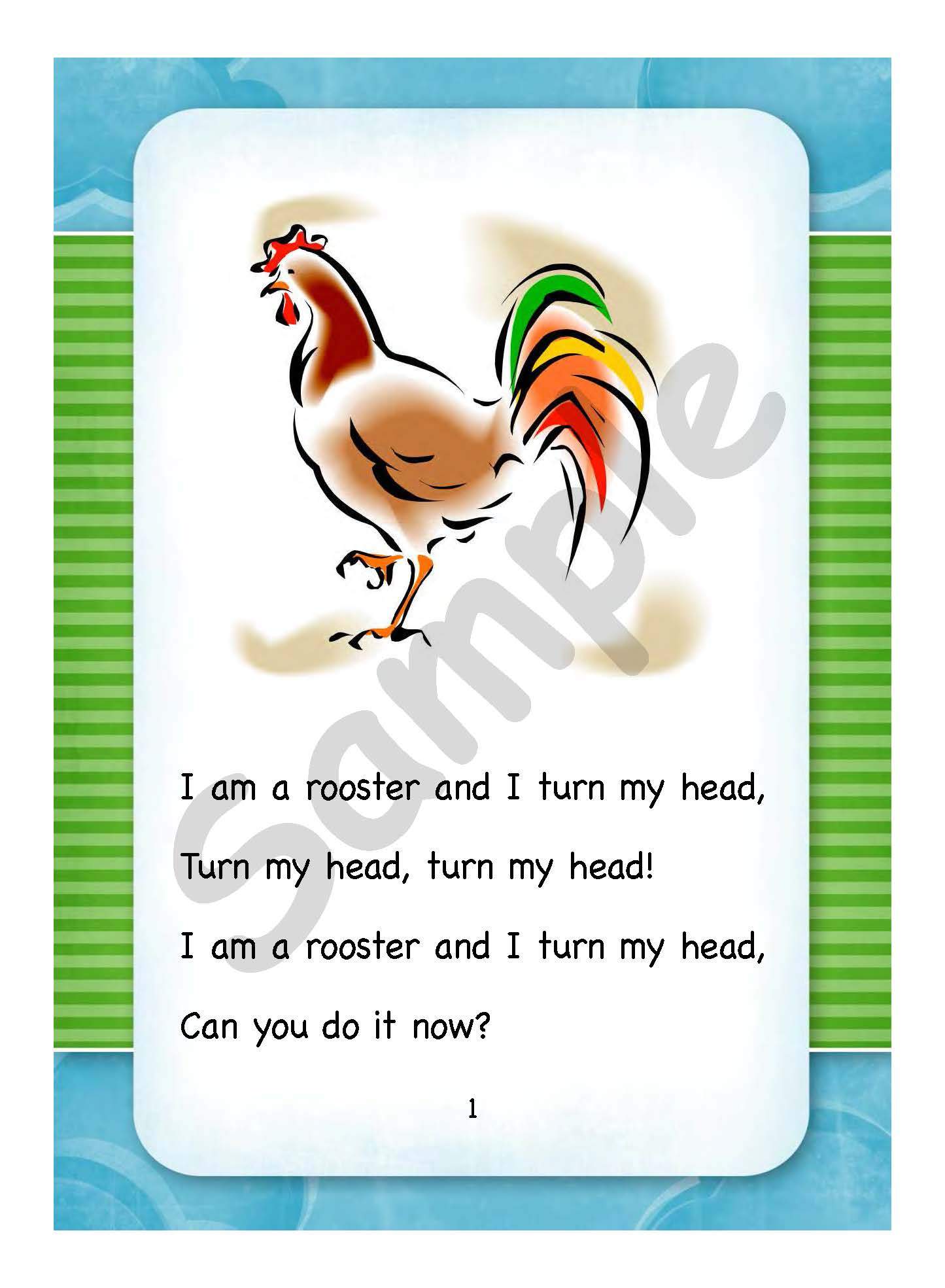 Sample page: A page from the book "On the Farm", describing how the rooster moves