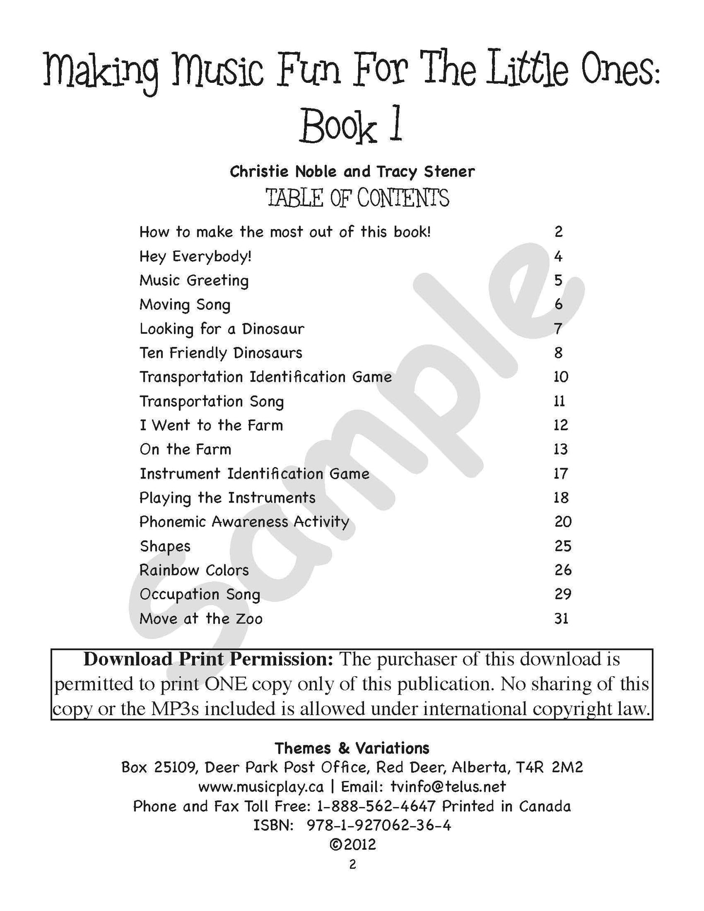 Sample page: The table of contents for Making Music Fun for the Little Ones