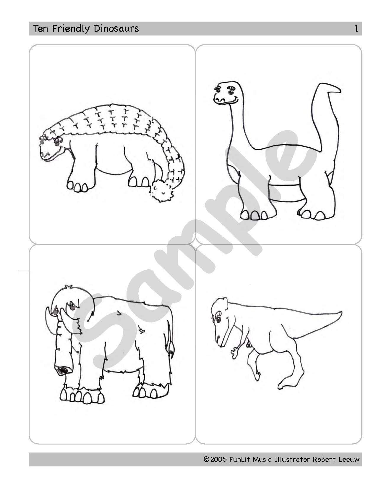 Sample page: Four pictures of dinosaurs to be cut out and used with the song "Ten Friendly Dinosaurs"