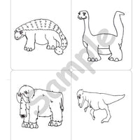 Sample page: Four pictures of dinosaurs to be cut out and used with the song "Ten Friendly Dinosaurs"