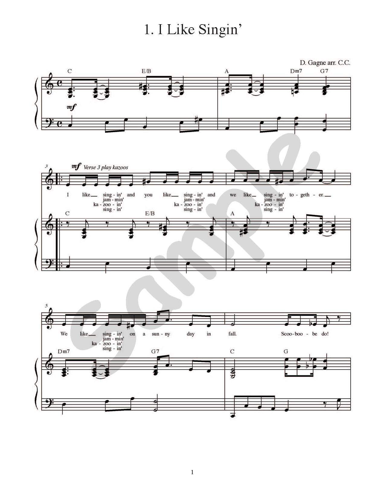 Sample page: Sheet music and lyrics for "I Like Singin'"