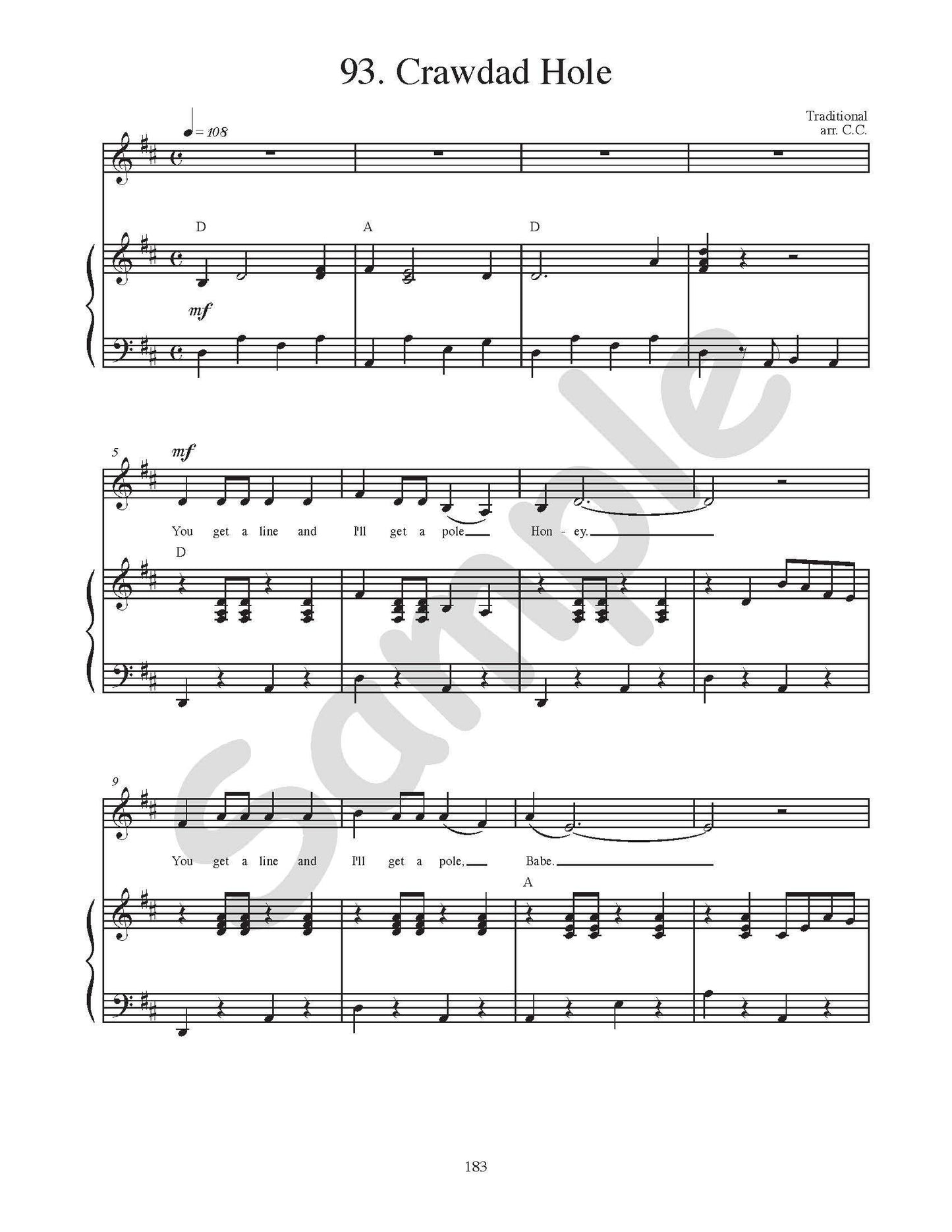 Sample page: Sheet music and lyrics for "Crawdad Hole"