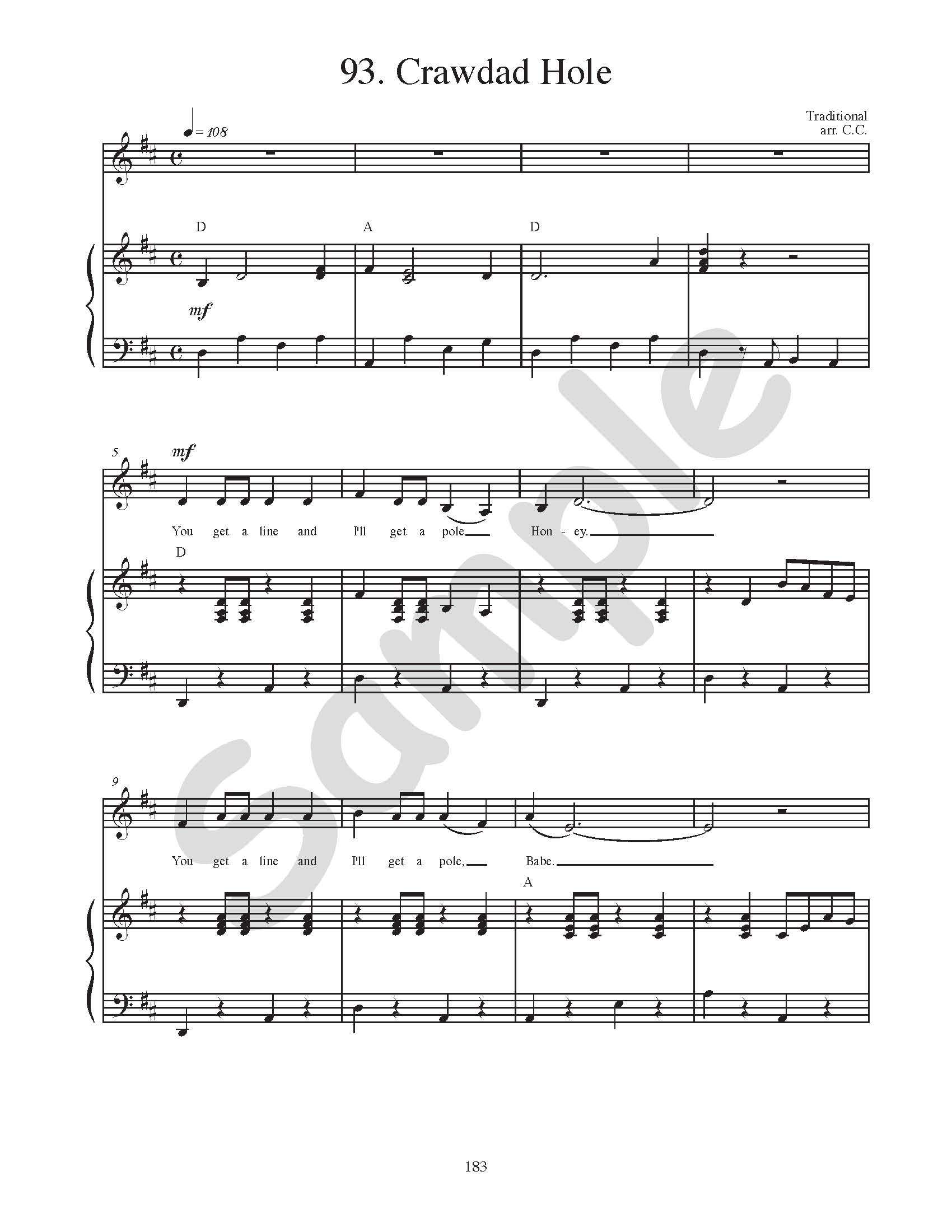 Sample page: Sheet music and lyrics for "Crawdad Hole"