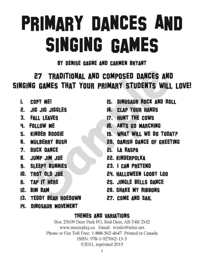 Sample page: The table of contents for Primary Dances and Singing Games