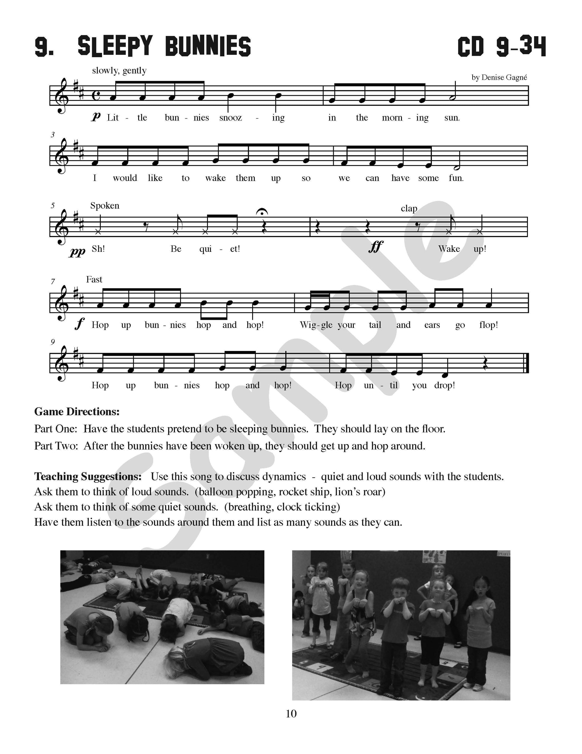 Sample page: Sheet music and lyrics for "Sleepy Bunnies"