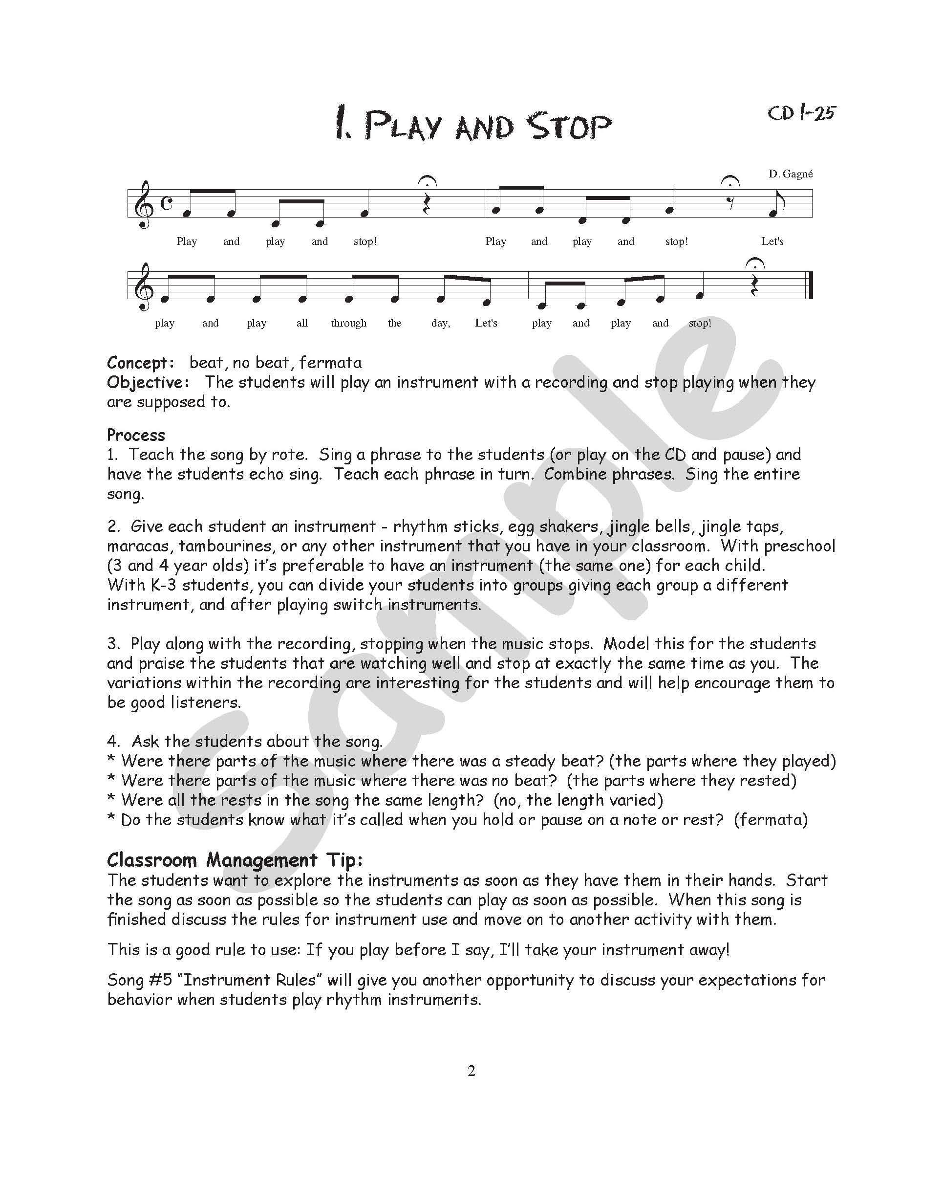 Sample page: the first activity, "Play and Stop", with lesson objectives below