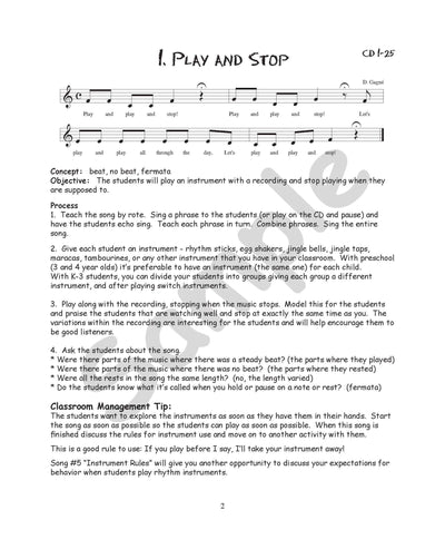 Sample page: the first activity, "Play and Stop", with lesson objectives below