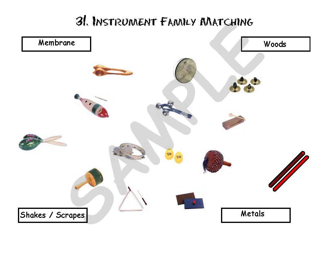 Sample slide: Several pictures of different instruments, for the activity "Instrument Family Matching"