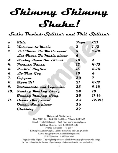 Sample page: The table of contents for Shimmy Shimmy Shake