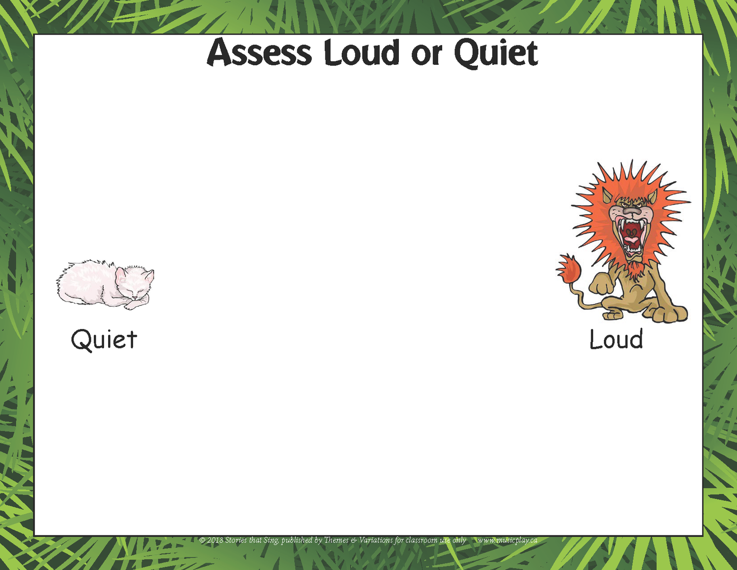 Sample Flashcard: Assessing quiet or loud. A picture of a sleeping cat and a picture of a roaring lion