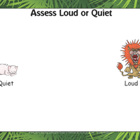 Sample Flashcard: Assessing quiet or loud. A picture of a sleeping cat and a picture of a roaring lion