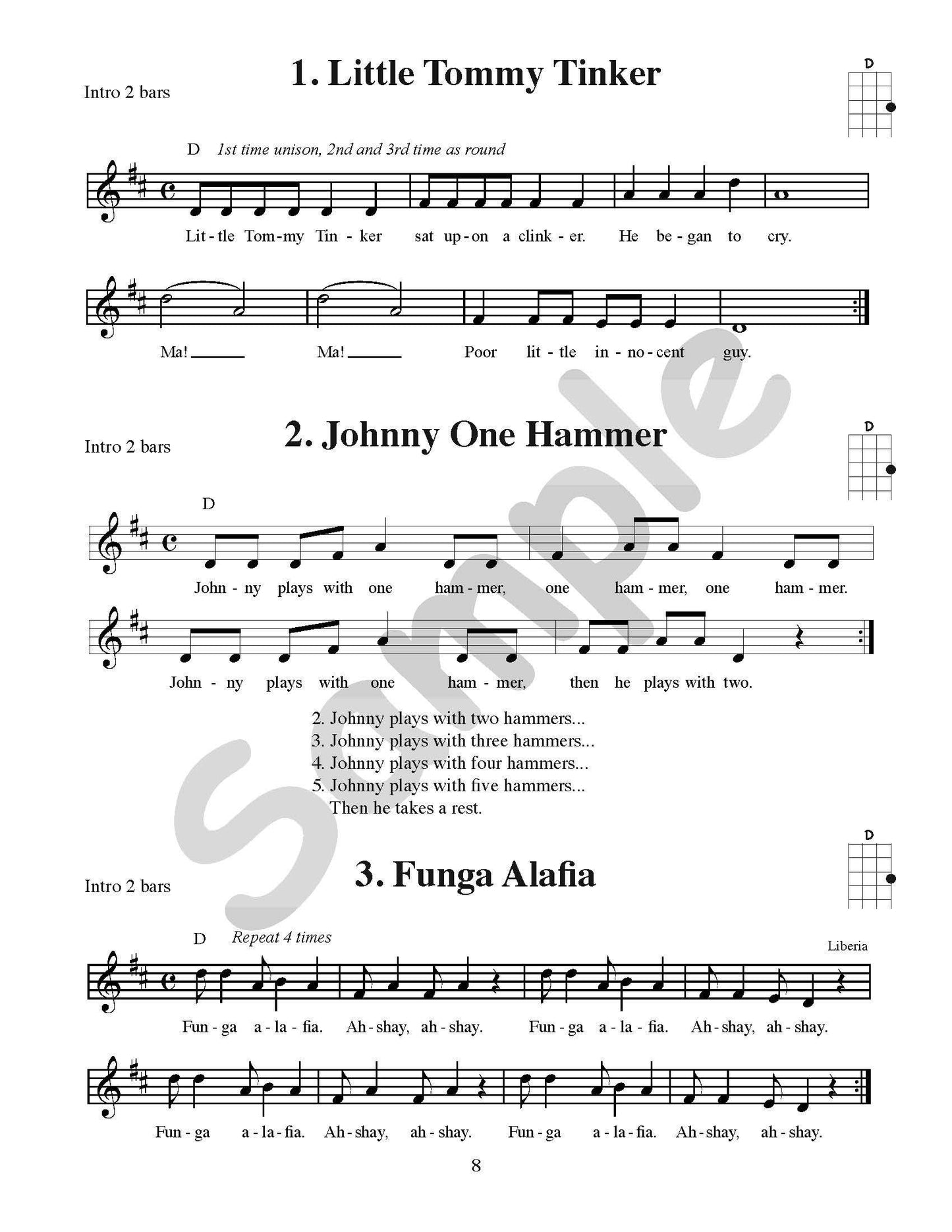 Sample page: Sheet music and lyrics for the first three songs in Easy Ukulele Songs Student Book