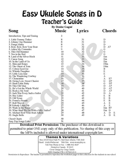 Sample page: The table of contents for Easy Ukulele Songs Teacher's Guide