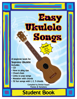 Book cover: A blue background with a ukulele in the centre