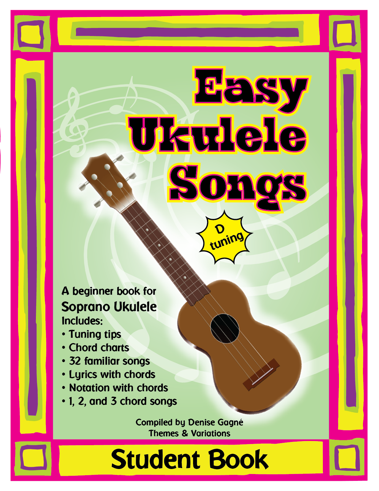 Book cover: A green background with a ukulele in the centre